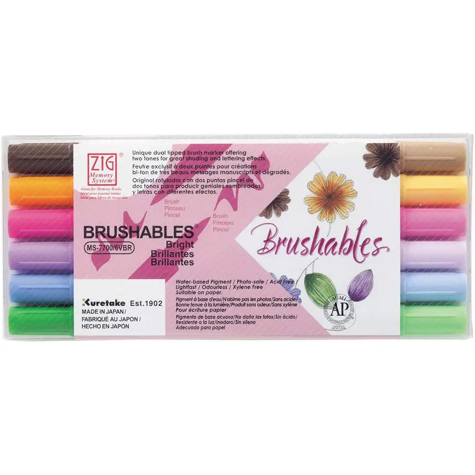 Kuretake - Set 6 Rotuladores Doble Punta Pincel - Bright - Brushables ZIG