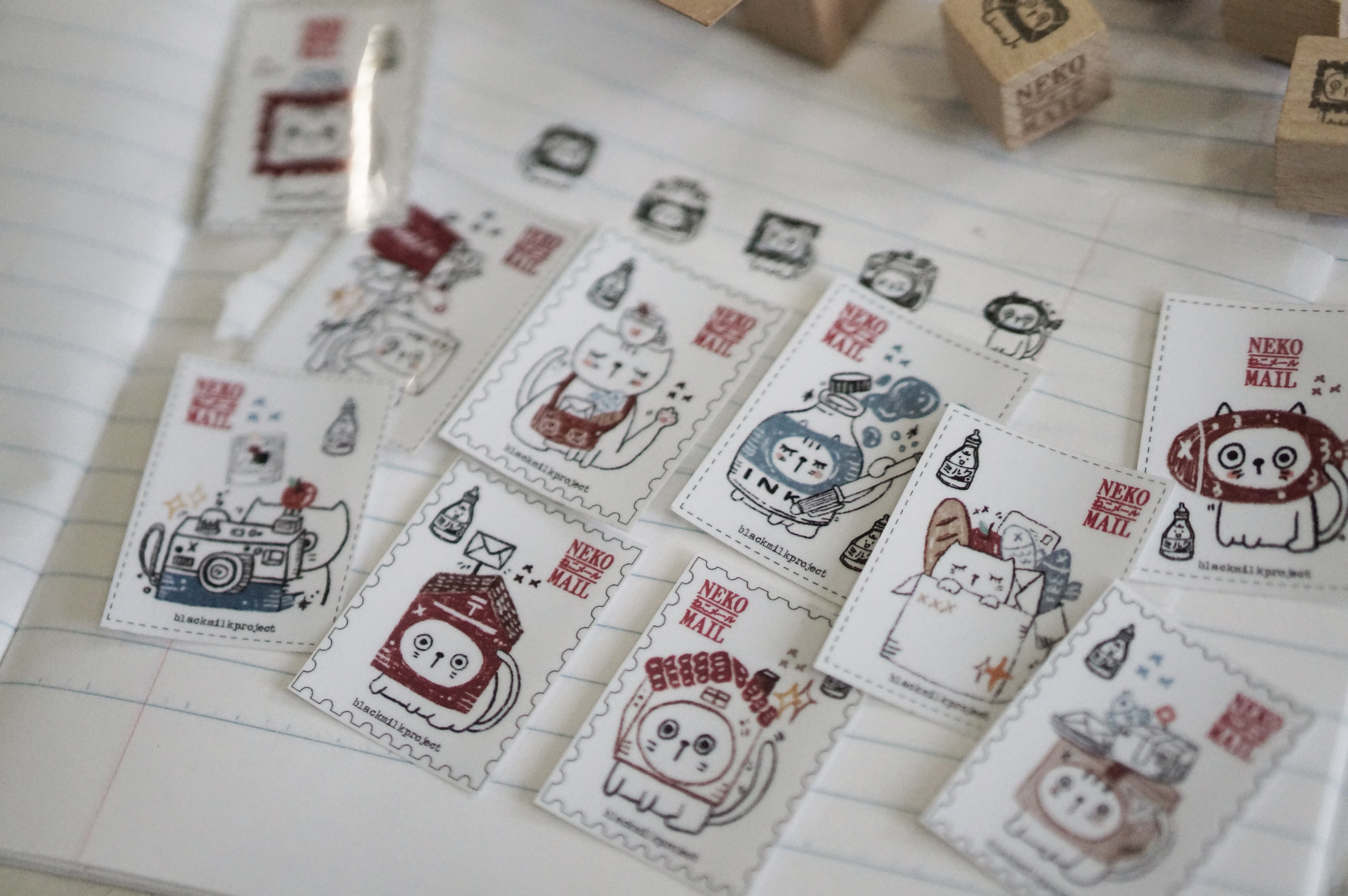 Black Milk Project - Set de 10 Pegatinas PET + Mini Sello STAMP - Neko Mail