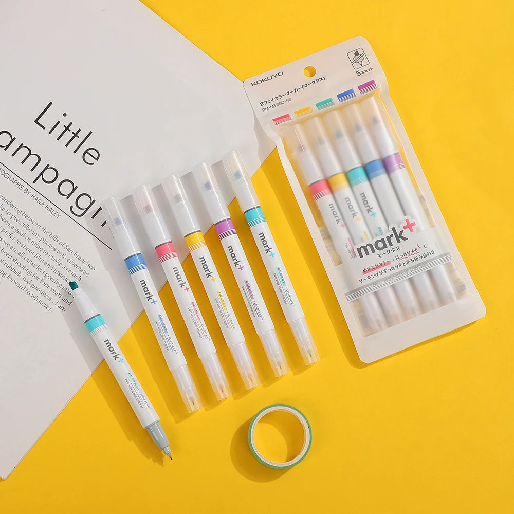 Kokuyo - Set 5 Marcadores Punta Doble - Blanco - Mark+