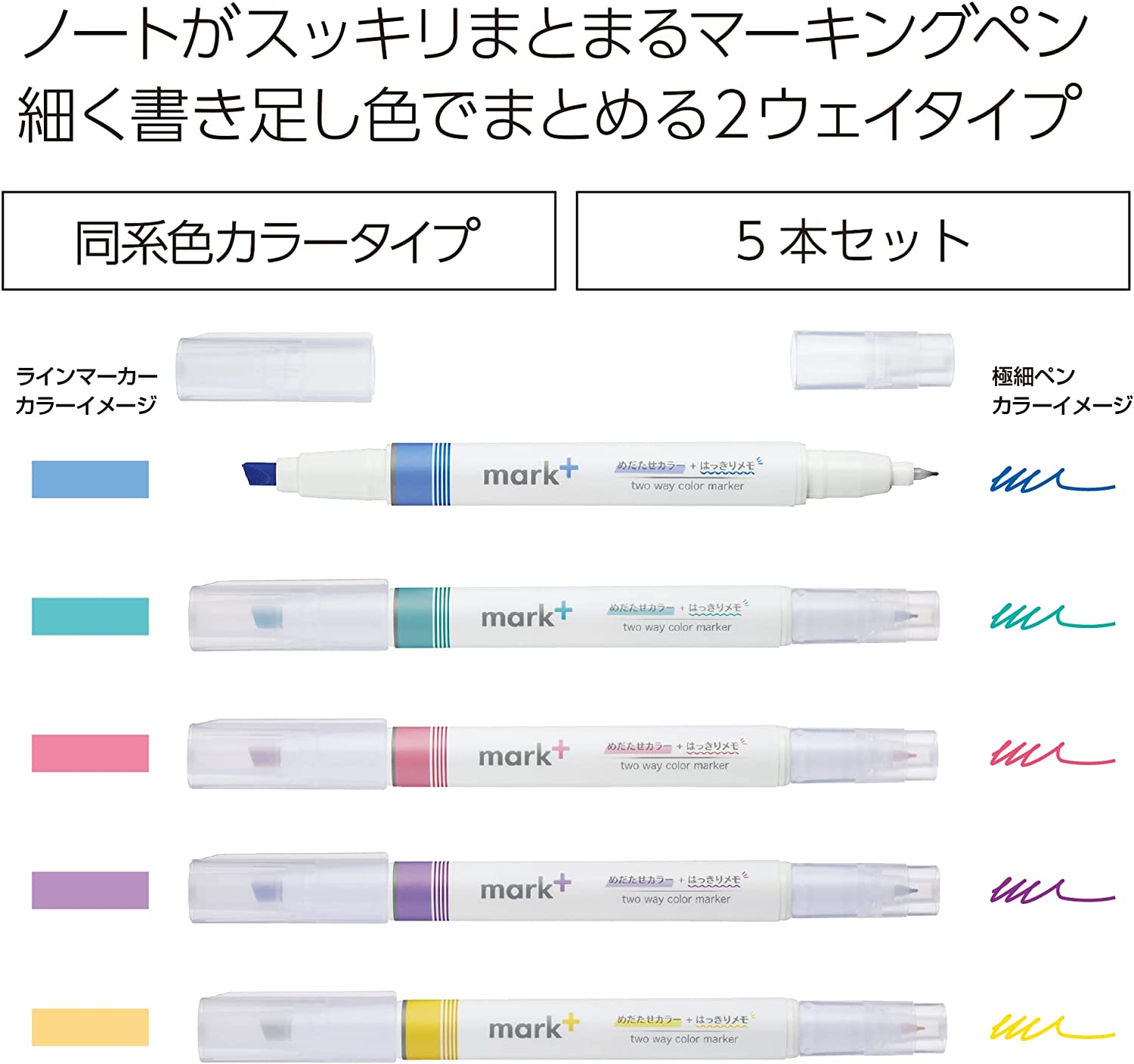 Kokuyo - Set 5 Marcadores Punta Doble - Blanco - Mark+