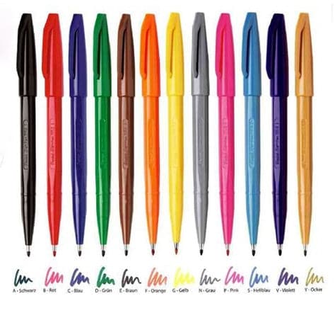Pentel - Set 12 Brush Sign Pen - Clásicos