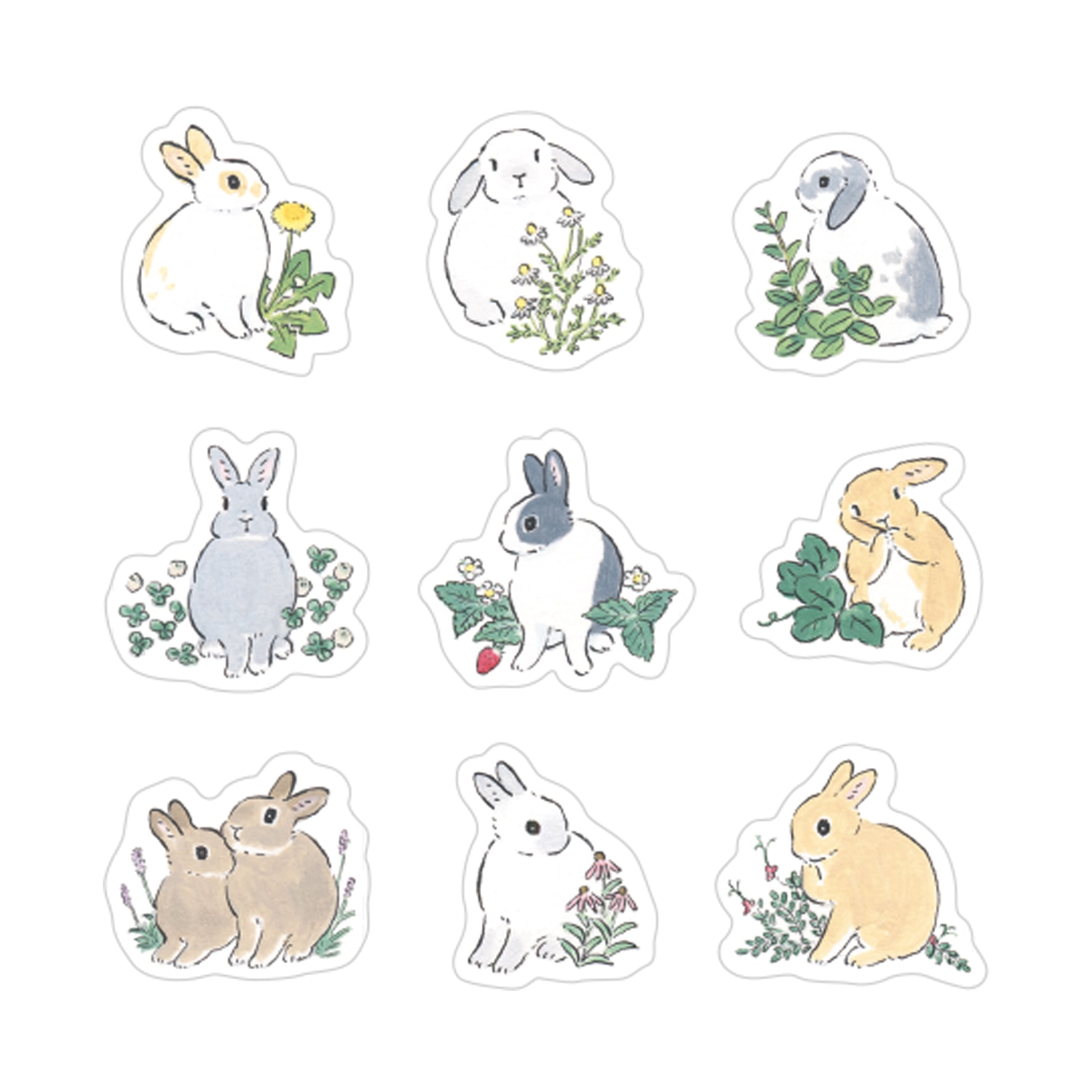Papier Platz - Pegatinas Flake Sticker - Rabbit and Wildflowers